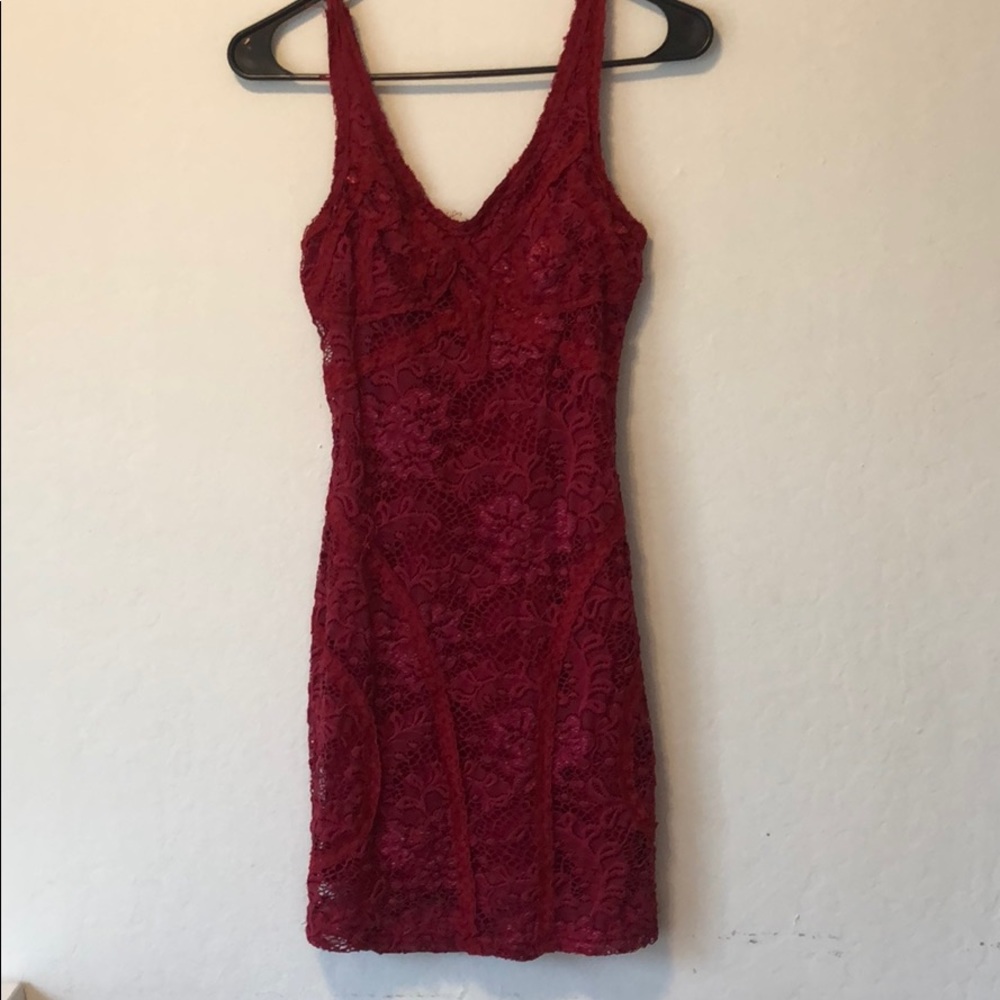 Red floral lace dress